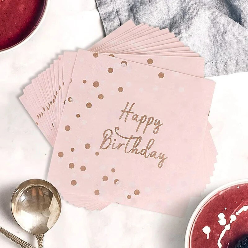 Servetėlės su gimtadieniu 3 sluoksnių popierinės servetėlės rožinės auksinės spalvos stalo puošmena Vaikų gimtadienio puošmena