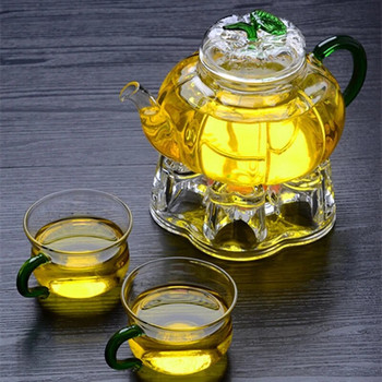 Прозрачен стъклен топлоустойчив чайник с форма на сърце, по-топъл нагревател, основа, свещник