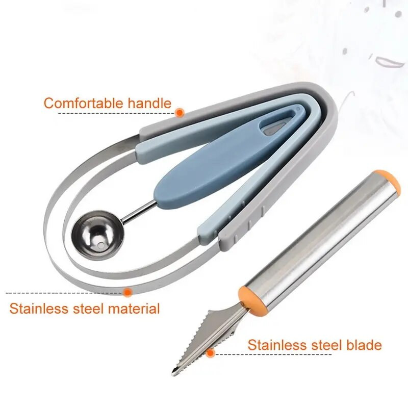 3 viename nerūdijančio plieno ledų vaisių kamuoliukų kastuvas, vaisių drožybos peilių rinkinys lėkštės nuėmiklis arbūzas virtuvės įtaisas