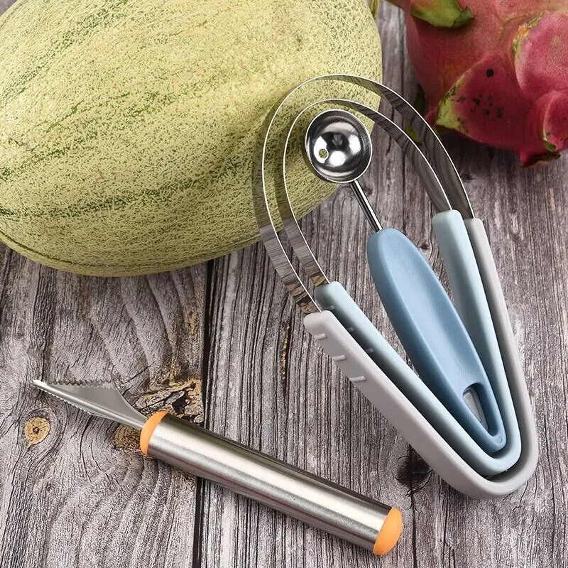 3 viename nerūdijančio plieno ledų vaisių kamuoliukų kastuvas, vaisių drožybos peilių rinkinys lėkštės nuėmiklis arbūzas virtuvės įtaisas