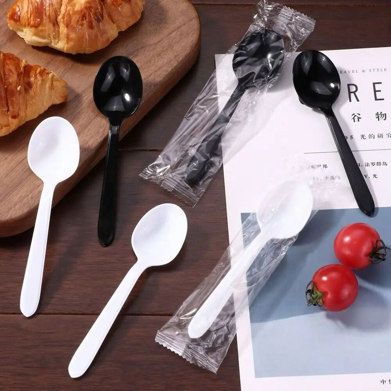 100 buc lingură din plastic de unică folosință tacâmuri linguri pentru supă de desert portabil cu cap rotund pentru petrecere veselă de degustare linguri de jeleu de înghețată