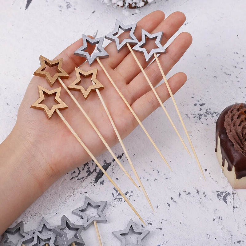 50 vnt Vienkartiniai bambuko iešmai Vaisiai Užkandžiai Desertinė Šakutė Žvaigždė bambuko lazdelės Kokteilių rinkiniai Kalėdų vakarėlio stalo papuošimai