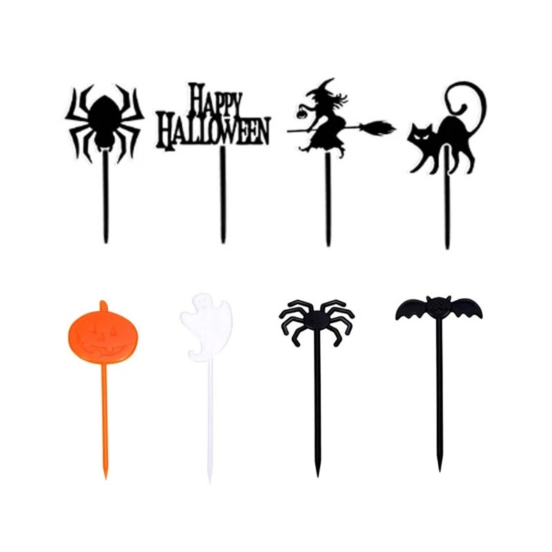 2024 m. naujos 8 pakuotės Helovino teminių vaisių šakutės Mielos mini Bento iškabos plastikiniai Bento dekorai