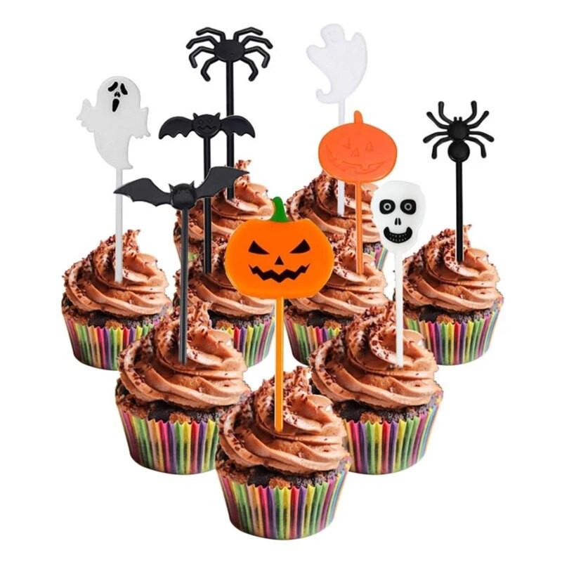 2024 m. naujos 8 pakuotės Helovino teminių vaisių šakutės Mielos mini Bento iškabos plastikiniai Bento dekorai