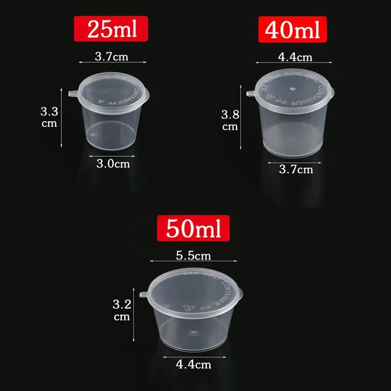 50 vnt. 25/40/50 ml plastikinio padažo išsinešimui puodelis Mažas vienkartinis maisto indelis su atlenkiamais dangteliais Prieskoniai Pigmentinių dažų dėžutės organizatorius