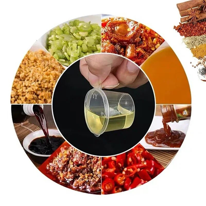 25 vnt. 27/30/45 ml Vienkartinio plastikinio išsinešimui skirto padažo puodelis su dangteliais Maisto dėžutė aštraus aliejaus acto pakavimo dėžutė restorano reikmenys