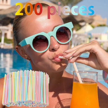 200 τμχ Πλαστικά καλαμάκια μιας χρήσης για πάρτι/μπαρ/καταστήματα ποτών/σπίτι Ψάθινα ριγέ πολύχρωμα αναλώσιμα ποτού Εργαλεία μπαρ