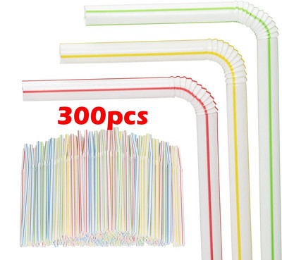 100/300 vnt. vienkartiniai plastikiniai šiaudeliai vaivorykštės dryžuoti lankstomi tempiami geriamųjų šiaudelių vakarėliui liemenėlės kokteilių sulčių gėrimų šiaudeliai
