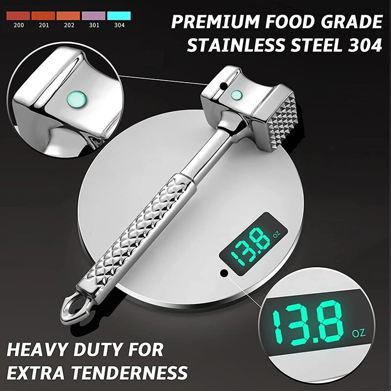 304 nerūdijančio plieno mėsos minkštinimo plaktukas, dvipusis mėsos plaktukas jautienai, kepsniams ir paukštienai – virtuvės įrankiai