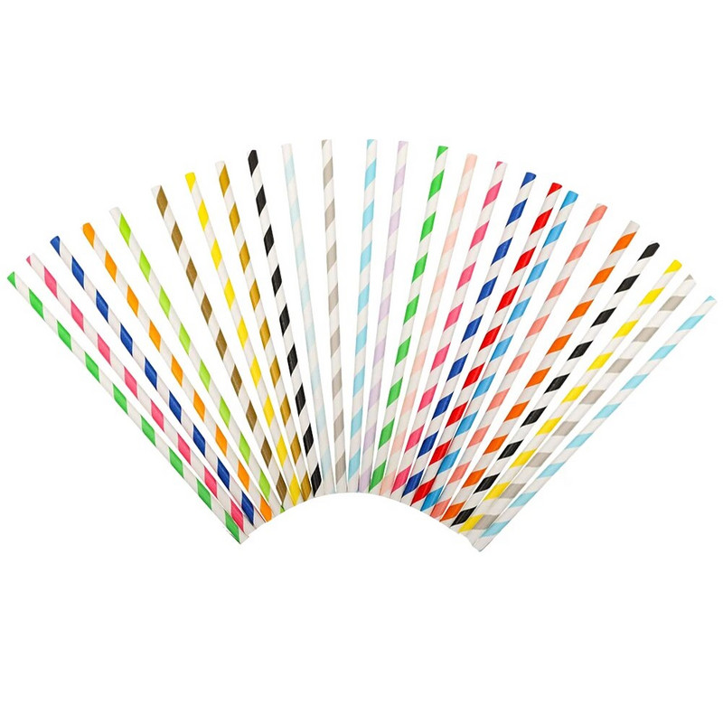 25 vnt. vienkartinių juostelių šiaudeliai Biologiškai skaidūs spalvoti dryžuoti šiaudeliai, ekologiški, skirti lauke gerti sultis