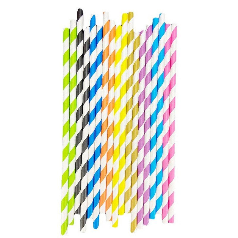 25 vnt. vienkartinių juostelių šiaudeliai Biologiškai skaidūs spalvoti dryžuoti šiaudeliai, ekologiški, skirti lauke gerti sultis