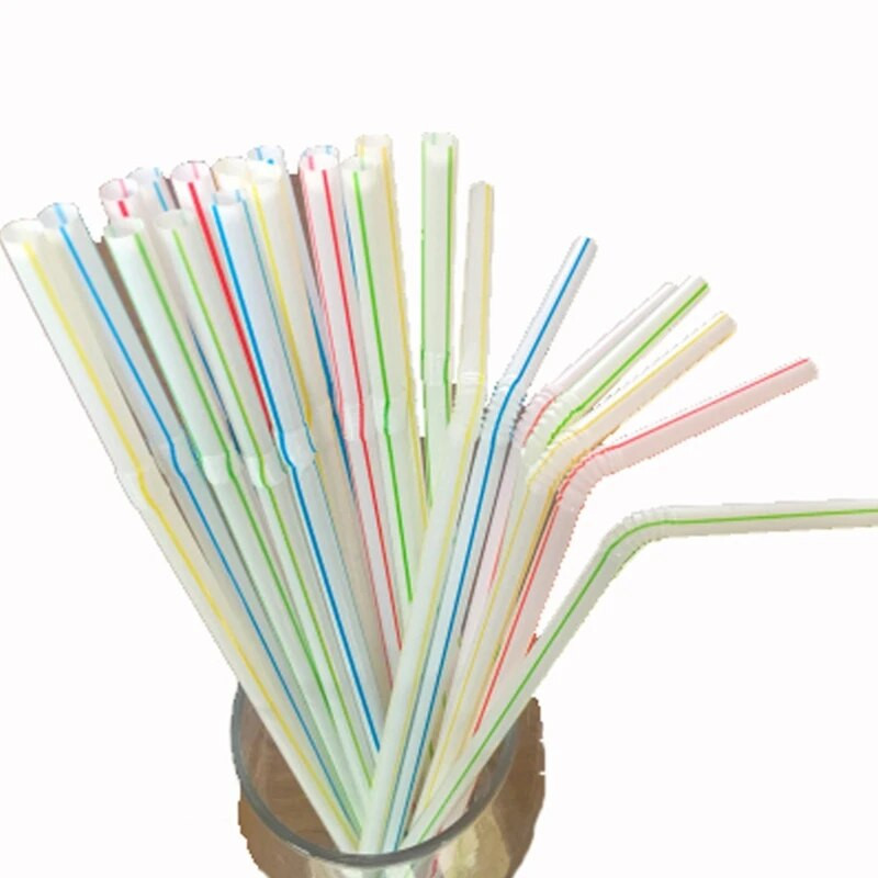 100 vnt / pakuotė 8 colių vienkartiniai plastikiniai gėrimo šiaudeliai įvairiaspalviai dryžuoti lankstūs alkūniniai šiaudeliai vakarėlio barui