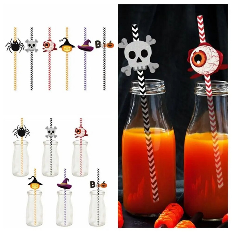 24vnt Siaubo Helovino vakarėlio dekoratyviniai šiaudeliai vienkartiniai spalvingi geriamieji šiaudeliai Įdomūs sulčių vamzdeliai