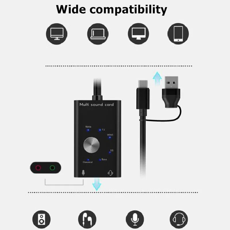 Išorinė garso plokštė USB 2.0 C tipo stereo mikrofono adapteris Profesionalus konverteris, skirtas MacBook nešiojamojo kompiuterio ausinių kompiuterio garsiakalbiui