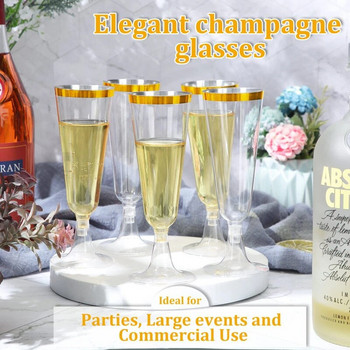 Пластмасови чаши за шампанско за еднократна употреба, биоразградими златисти рамки, 25 бр., 150 мл, подходящи за партита и прибори за коктейли