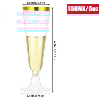 Eldobható műanyag pezsgőspohár, biológiailag lebomló arany peremes, 25 db, 150 ml, alkalmas bulikhoz és koktéleszközökhöz