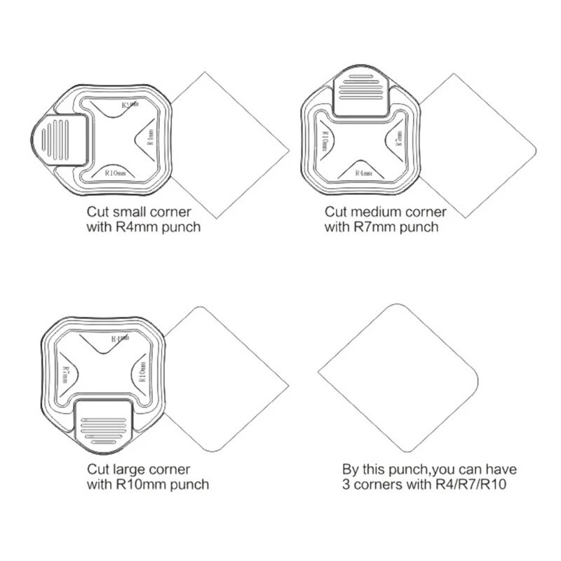 Stūra apaļš perforators 3 vienā pārnēsājams 3 virzienu stūra griezējs papīra izstrādājumiem R4mm R7mm R10mm dažādu stūru griešanai