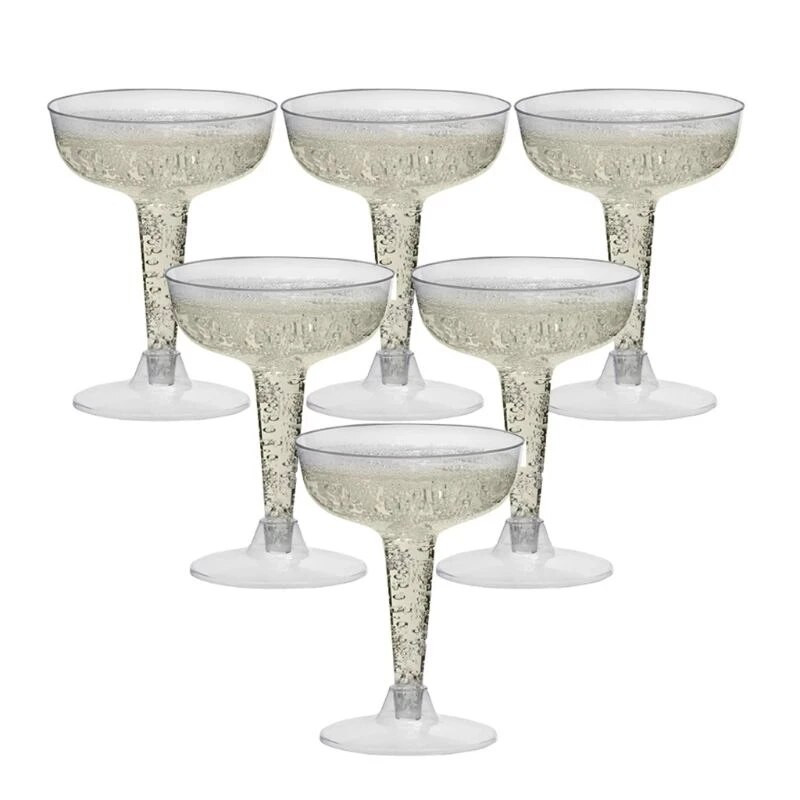 6gab Plastmasas vienreizējās lietošanas kauss šampanieša flautas Vienreizējās lietošanas glāzes Glitter Kāzu ballīte Grauzdēšana Caurspīdīga plastmasas glāze