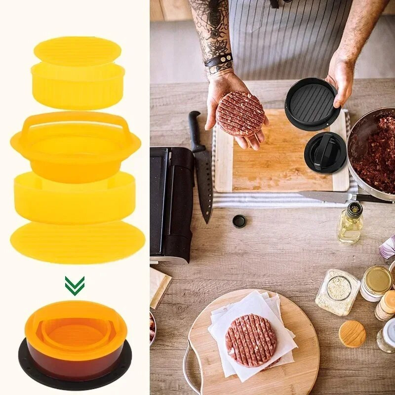3 viename mėsainio mėsos preso formelių kotletų gaminimo aparatas, nelipnus įdaryti mėsainių formelės jautienos paplotėliai ABS apvalios formos formos virtuvės priedai
