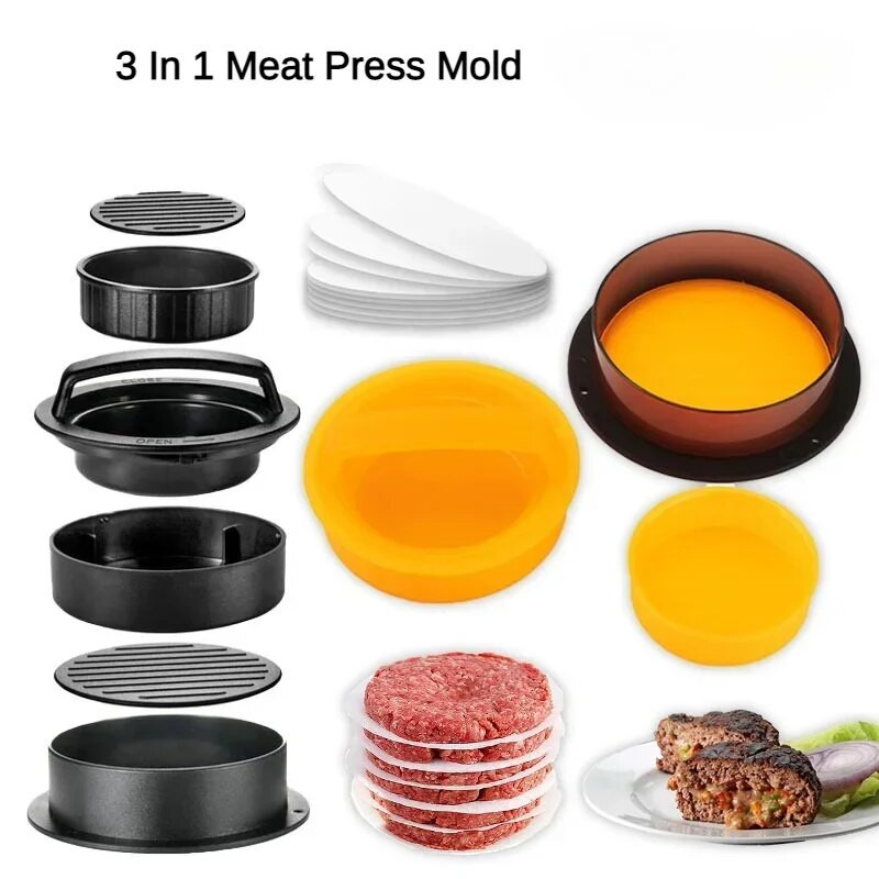 3 viename mėsainio mėsos preso formelių kotletų gaminimo aparatas, nelipnus įdaryti mėsainių formelės jautienos paplotėliai ABS apvalios formos formos virtuvės priedai