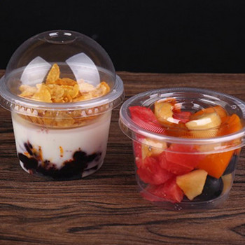 25 бр. 250 мл прозрачен пластмасов контейнер за десертна купа за салата за еднократна употреба с капак за домашен бар-кафе (куполен капак с отвор)