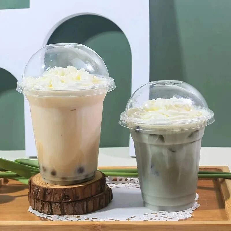 50 vnt Vaisių puodeliai Vienkartinis ledinis burbulinis arbatos puodelis su dangteliu Smoothie Vienkartiniai šalto gėrimo puodeliai Kupolo dangteliai