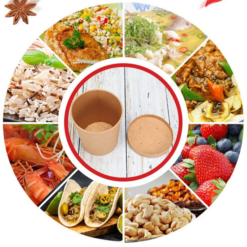 Ozo karštos sriubos puodelis tirštas vienkartinis, alyvai atsparus kraftpopieriaus statinės sriubos indas su dangteliais (50 puodelių + dangtelis)