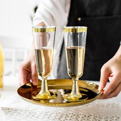 Arany pezsgős fuvolák Eldobható műanyag pezsgőspoharak Esküvői koktélpoharak Ünnepi kellékek