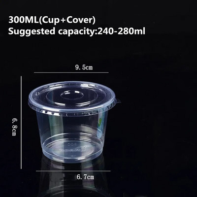 50 vnt Pudingo puodeliai su dangteliais Plastikinės dėžutės Ledų putėsiai Desertų pikniko pakavimas Desertų puodeliai su dangteliu 250ml/300ml