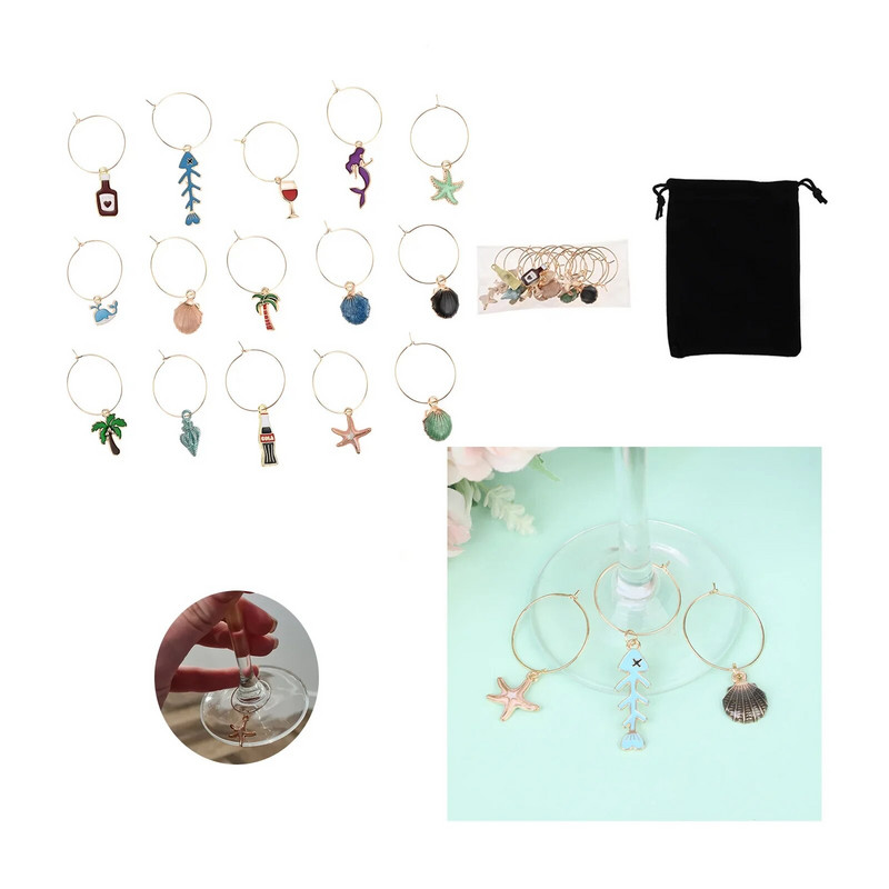 15 vnt vyno taurės pakabukai atogrąžų paplūdimio atostogų stiliaus gėrimo taurės atpažinimo žiedas žuvies kevalų kokoso kūrybinės vakarėlio vestuvės