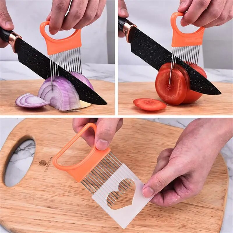 Rozsdamentes acél hagyma tű villa zöldség gyümölcs szeletelő paradicsom vágó hagyma vágó tartó Konyhai kiegészítők Konyhai kütyük