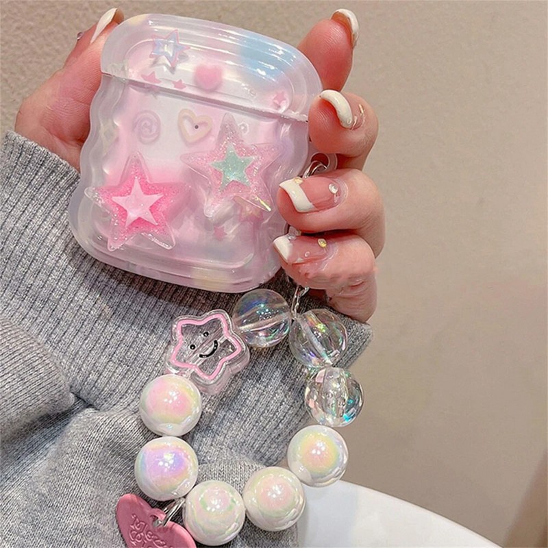 Korėjietiškas mielas 3D rožinės spalvos žvaigždės banguotų kraštinių ausinių dėklas, skirtas „AirPods“ 1 2 3 su meile, širdies karoliukų pakabukas, minkštas dangtelis, skirtas „AirPods Pro 2“