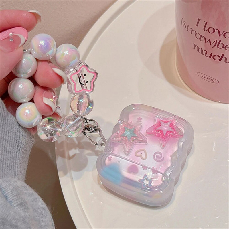 Korėjietiškas mielas 3D rožinės spalvos žvaigždės banguotų kraštinių ausinių dėklas, skirtas „AirPods“ 1 2 3 su meile, širdies karoliukų pakabukas, minkštas dangtelis, skirtas „AirPods Pro 2“
