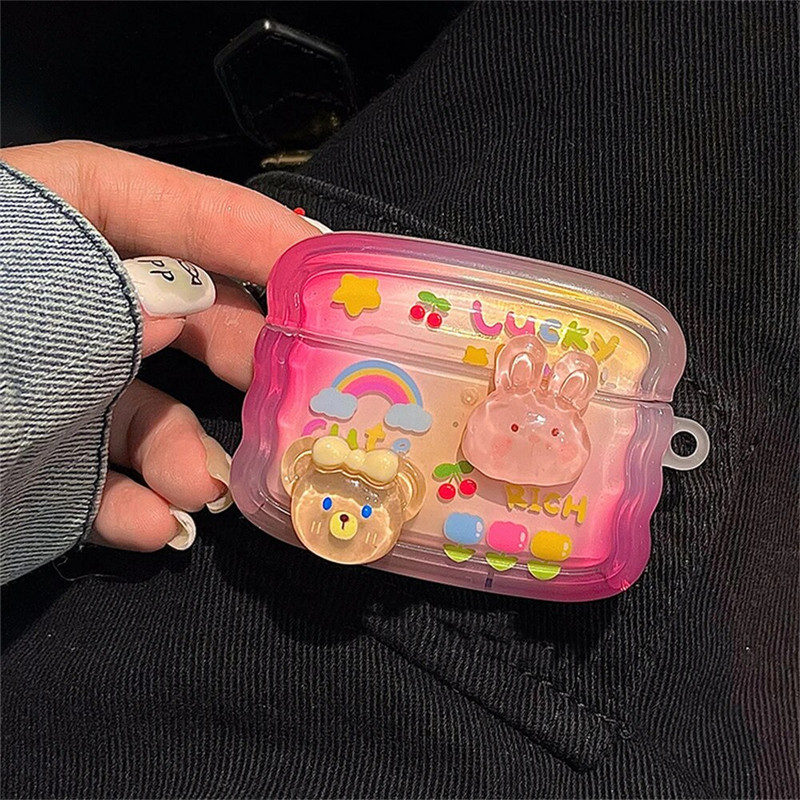 Husă coreeană drăguță 3D iepure urs cu margine ondulată pentru căști pentru AirPods 1 2 3 cu pandantiv cu margele de flori Husă moale pentru AirPods Pro 2