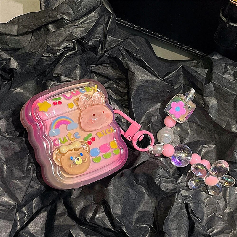 Husă coreeană drăguță 3D iepure urs cu margine ondulată pentru căști pentru AirPods 1 2 3 cu pandantiv cu margele de flori Husă moale pentru AirPods Pro 2