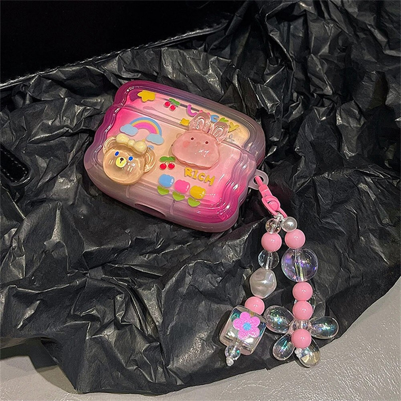 Husă coreeană drăguță 3D iepure urs cu margine ondulată pentru căști pentru AirPods 1 2 3 cu pandantiv cu margele de flori Husă moale pentru AirPods Pro 2