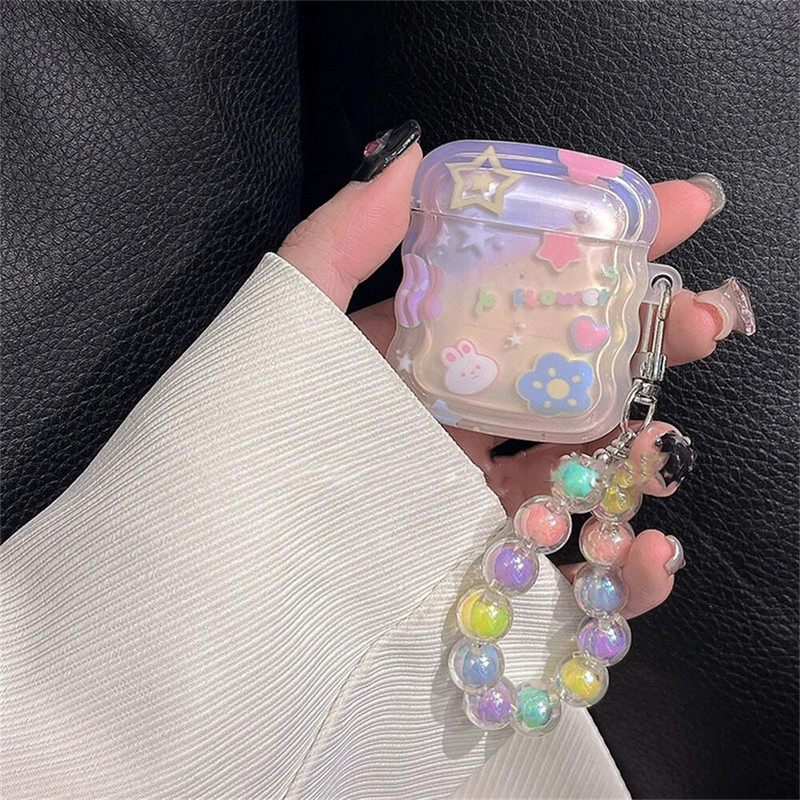 Korean Cute Rabbit Star banguotas kraštinės ausinių dėklas, skirtas AirPods 1 2 3 su spalvomis karoliukais pakabukas, minkštas dangtelis, skirtas AirPods Pro 2