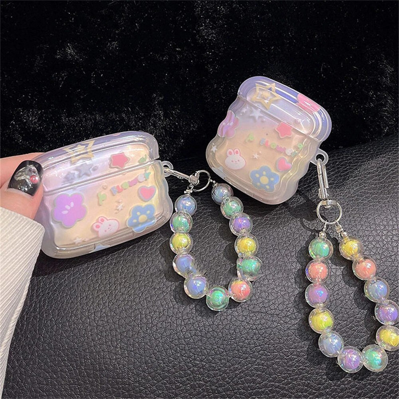 Korean Cute Rabbit Star banguotas kraštinės ausinių dėklas, skirtas AirPods 1 2 3 su spalvomis karoliukais pakabukas, minkštas dangtelis, skirtas AirPods Pro 2