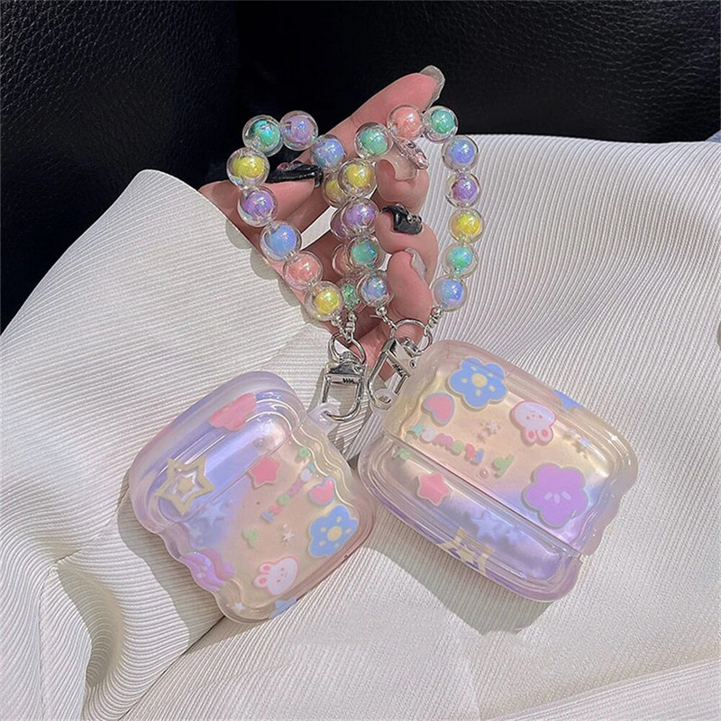 Korean Cute Rabbit Star banguotas kraštinės ausinių dėklas, skirtas AirPods 1 2 3 su spalvomis karoliukais pakabukas, minkštas dangtelis, skirtas AirPods Pro 2