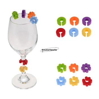 6 бр. Силиконов маркер за чаша за вино C-тип Кръг, кръгла/форма на цвете, цветен етикет, разпознавател за чаша за шампанско, вечеря за сватбено тържество