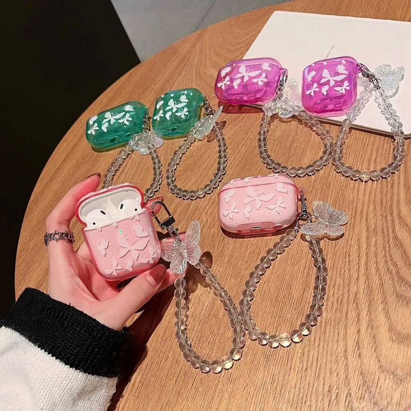 Krāsains Butterfly Glitter Caurspīdīgs austiņu maciņš Airpods Pro Cute kulonu lodīšu rokassprādze Mīksts silikona vāciņš priekš AirPods 3 2 1