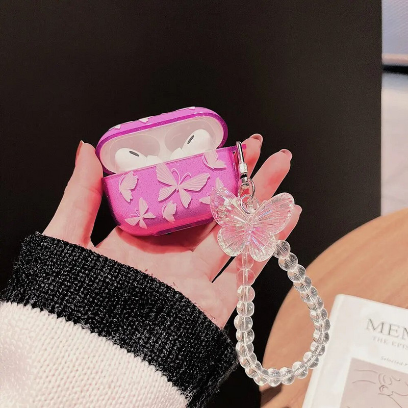 Krāsains Butterfly Glitter Caurspīdīgs austiņu maciņš Airpods Pro Cute kulonu lodīšu rokassprādze Mīksts silikona vāciņš priekš AirPods 3 2 1