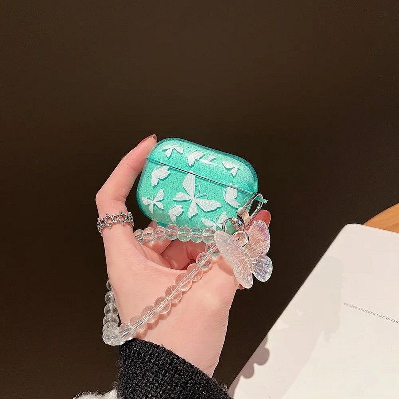 Krāsains Butterfly Glitter Caurspīdīgs austiņu maciņš Airpods Pro Cute kulonu lodīšu rokassprādze Mīksts silikona vāciņš priekš AirPods 3 2 1
