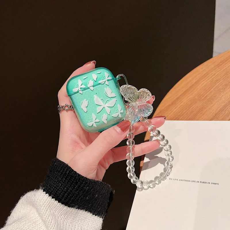 Krāsains Butterfly Glitter Caurspīdīgs austiņu maciņš Airpods Pro Cute kulonu lodīšu rokassprādze Mīksts silikona vāciņš priekš AirPods 3 2 1