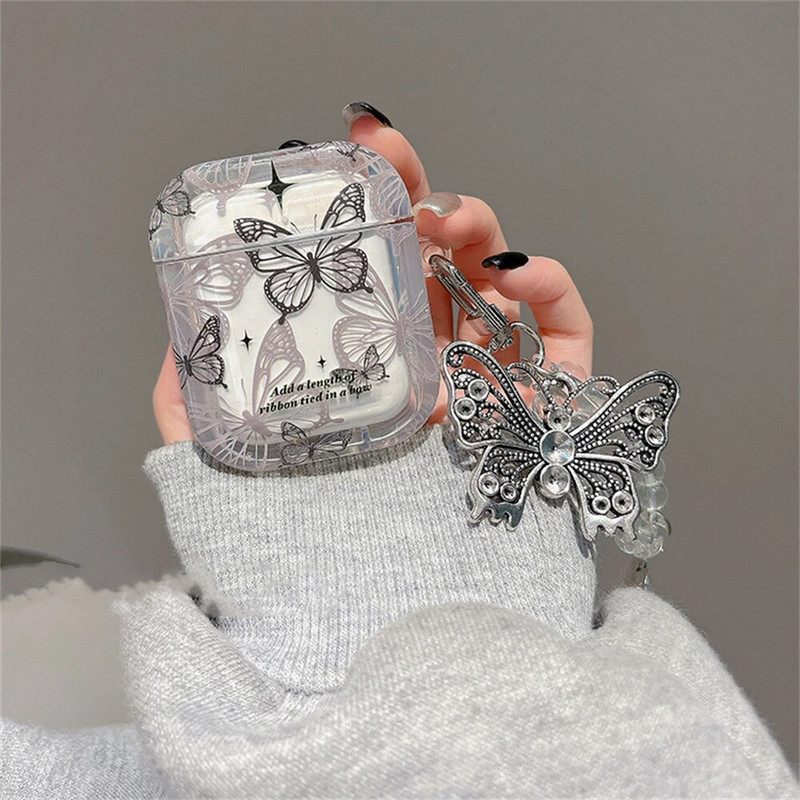 Prabangus mielas juodas drugelis skaidrus ausinių dėklas Airpods Pro2 su karoliukais pakabuku apsauginiu dėklu Airpods 1 2 3 dangteliu