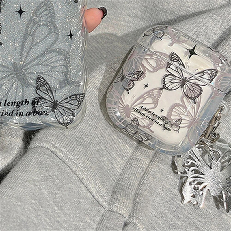 Prabangus mielas juodas drugelis skaidrus ausinių dėklas Airpods Pro2 su karoliukais pakabuku apsauginiu dėklu Airpods 1 2 3 dangteliu