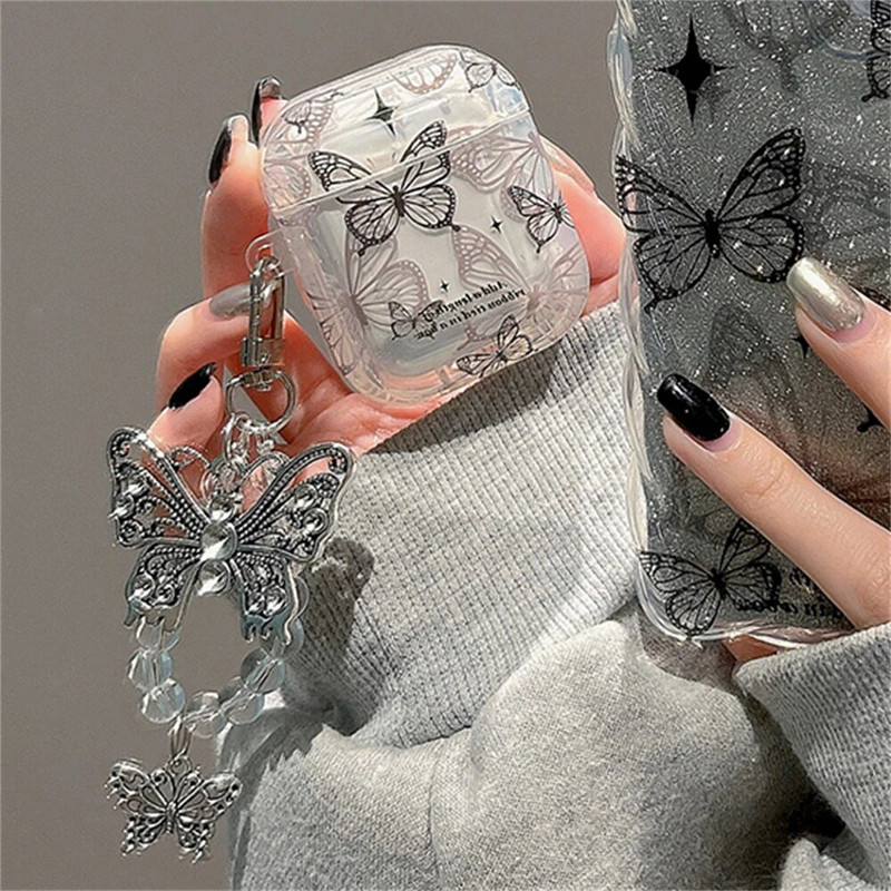 Prabangus mielas juodas drugelis skaidrus ausinių dėklas Airpods Pro2 su karoliukais pakabuku apsauginiu dėklu Airpods 1 2 3 dangteliu