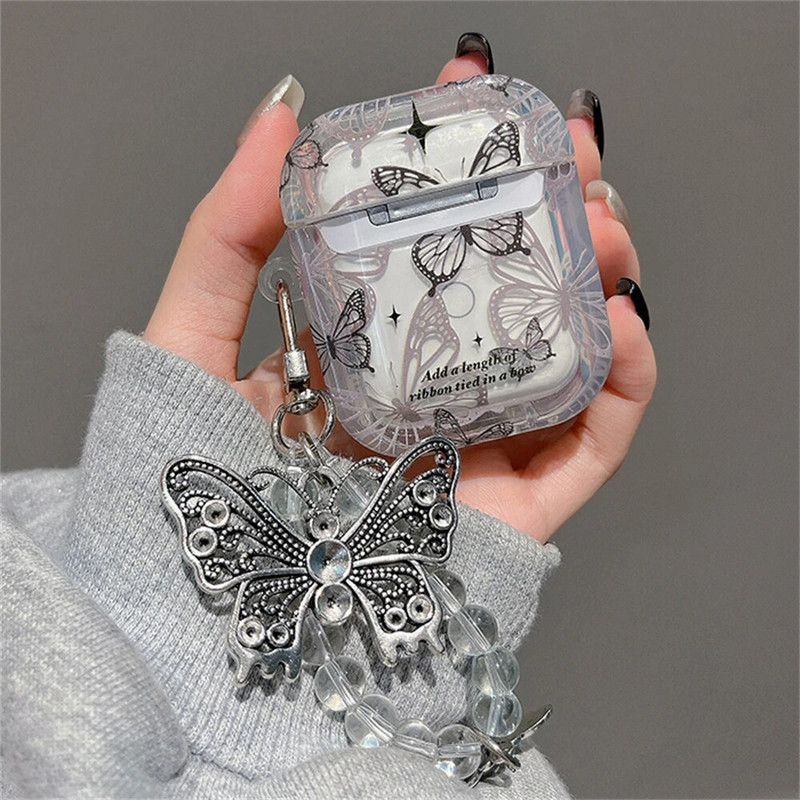 Prabangus mielas juodas drugelis skaidrus ausinių dėklas Airpods Pro2 su karoliukais pakabuku apsauginiu dėklu Airpods 1 2 3 dangteliu