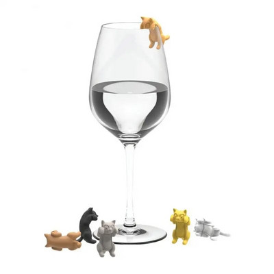 σετ Kitten Wine Cup Recognizer Φορητό κρεμαστό Meow Μαρκαδόροι κρασιού ποτήρι Εργαλεία Κουζίνα σιλικόνης Κλιπ για γάτα Ετικέτες