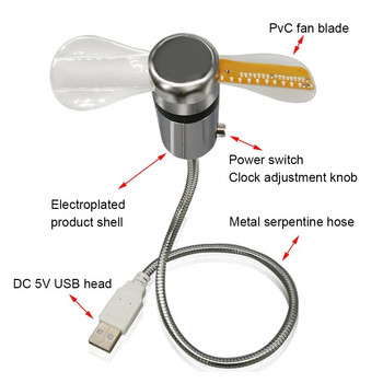 Преносим часовник Вентилатор RGB LED Нощна лампа 5V USB Ръчен вентилатор Температурен дисплей в реално време Метален мини вентилатор за компютър Лаптоп Настолен охладител